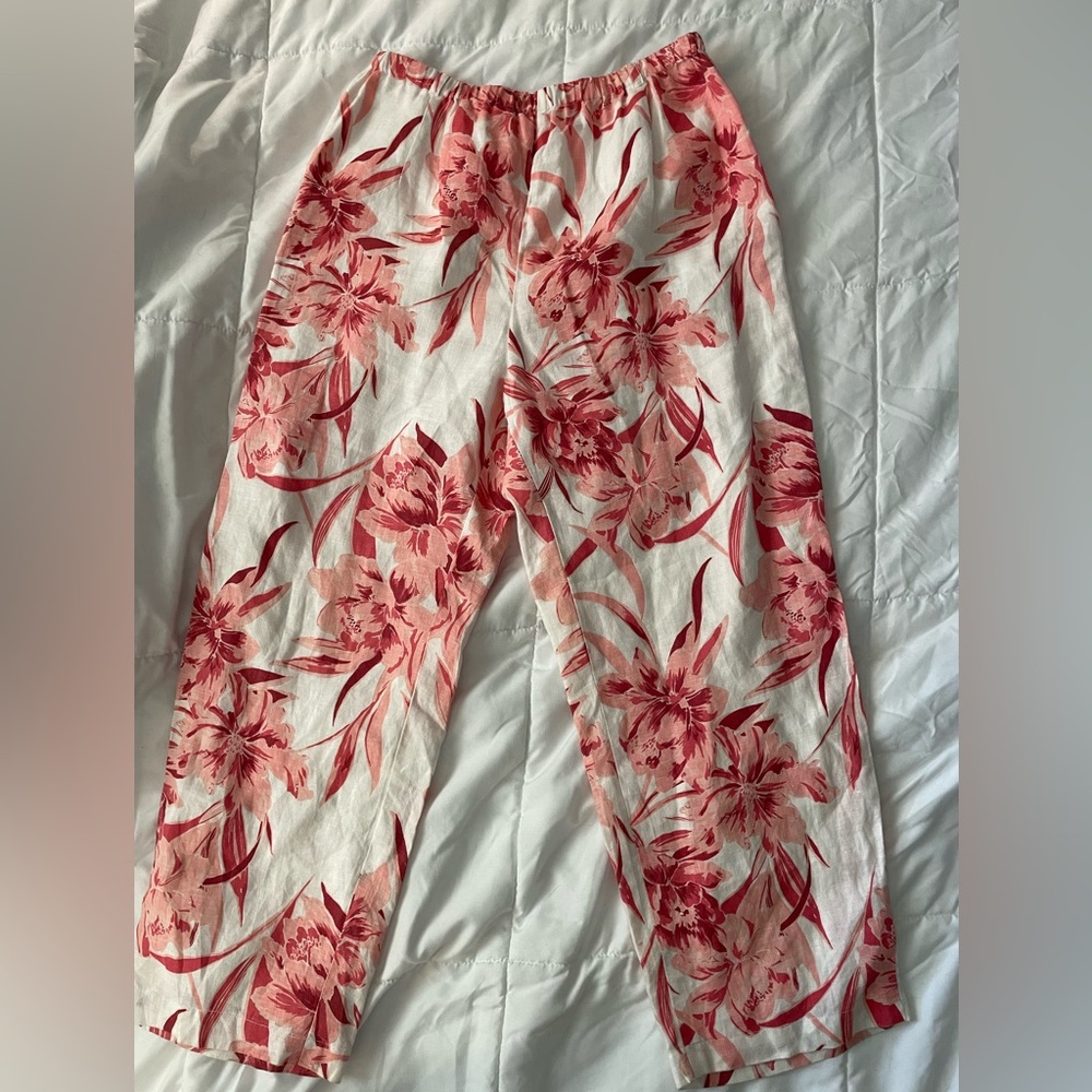 Amanda Smith 100% Linen Pink Floral White Pants Zip up & Elastic Waist Women’s M